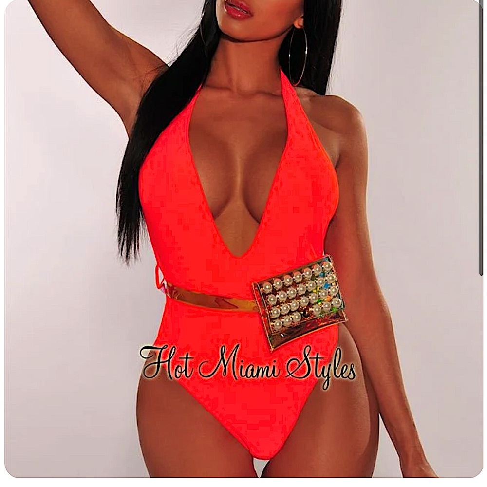 Once piece low cut monokini bikini swimsuit waist bag belt bathing suit
